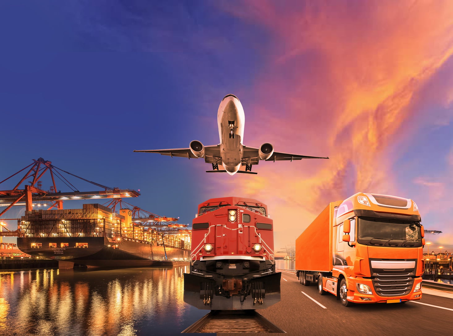 Grobal transport ship freight train airplane truck